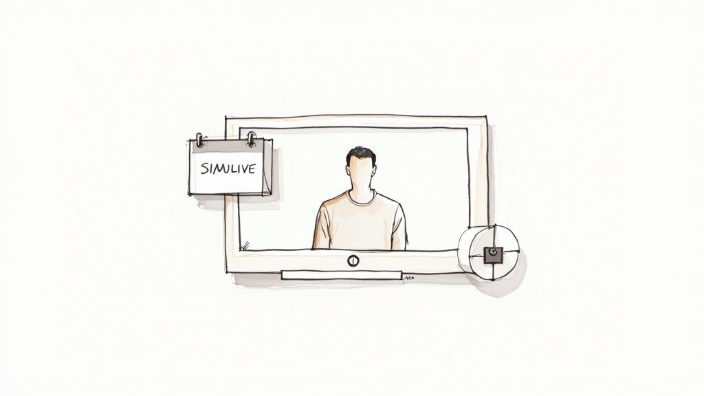 Sketch of a person on a video screen with a calendar label that reads SIMULIVE