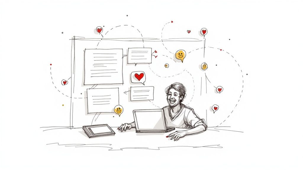 Sketch of a person at a laptop, surrounded by chat messages and heart reactions