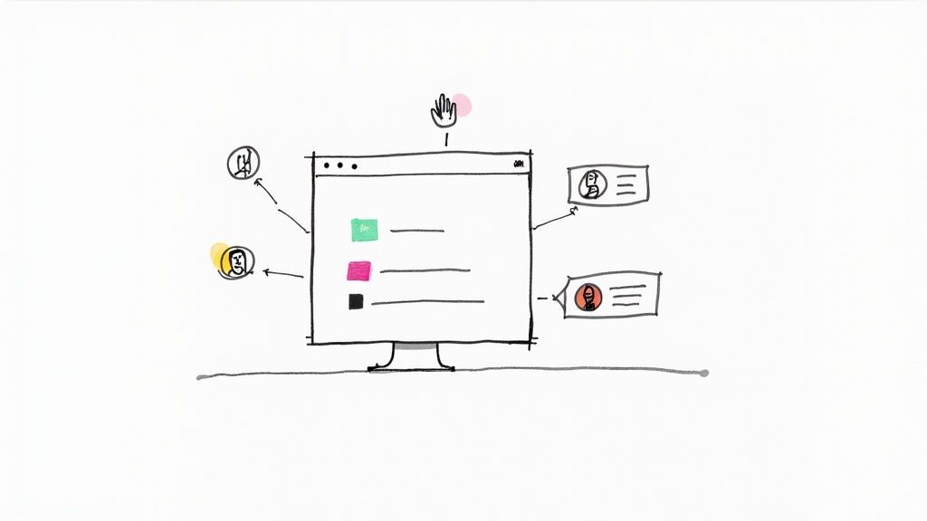 Sketch: a presentation on screen with viewer comments and questions around it