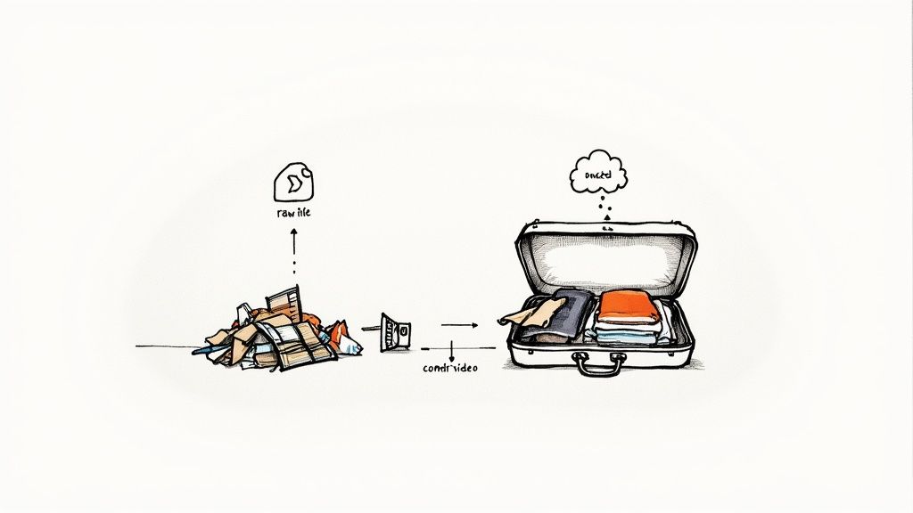 Sketch: a pile of raw video data packed into a small suitcase by the encoder