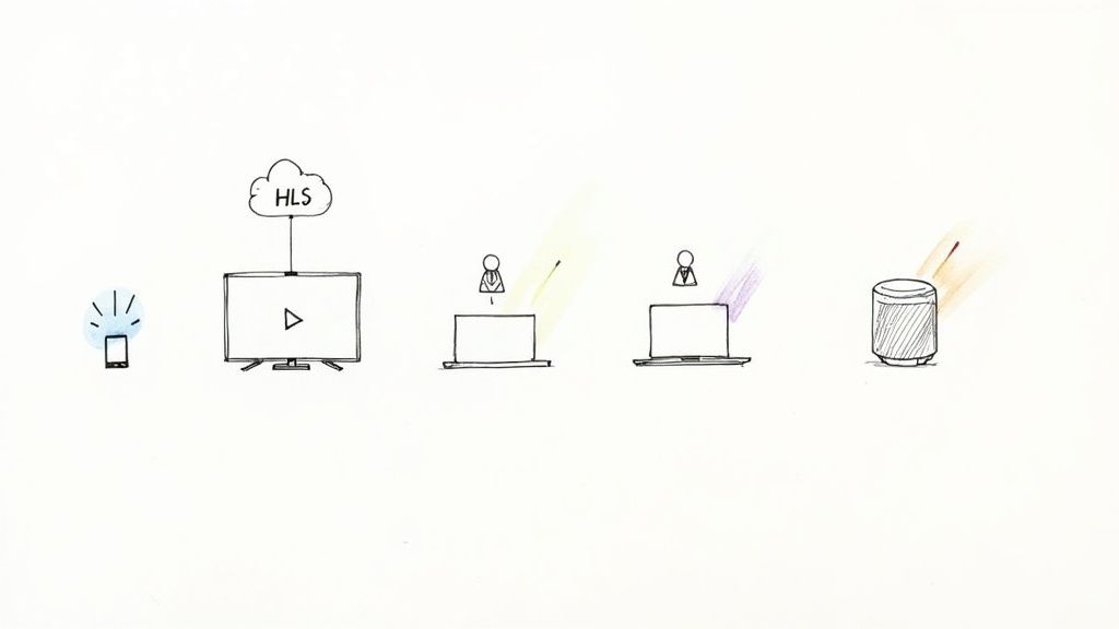 Sketch: one HLS stream reaching a phone, a TV, laptops and a smart speaker