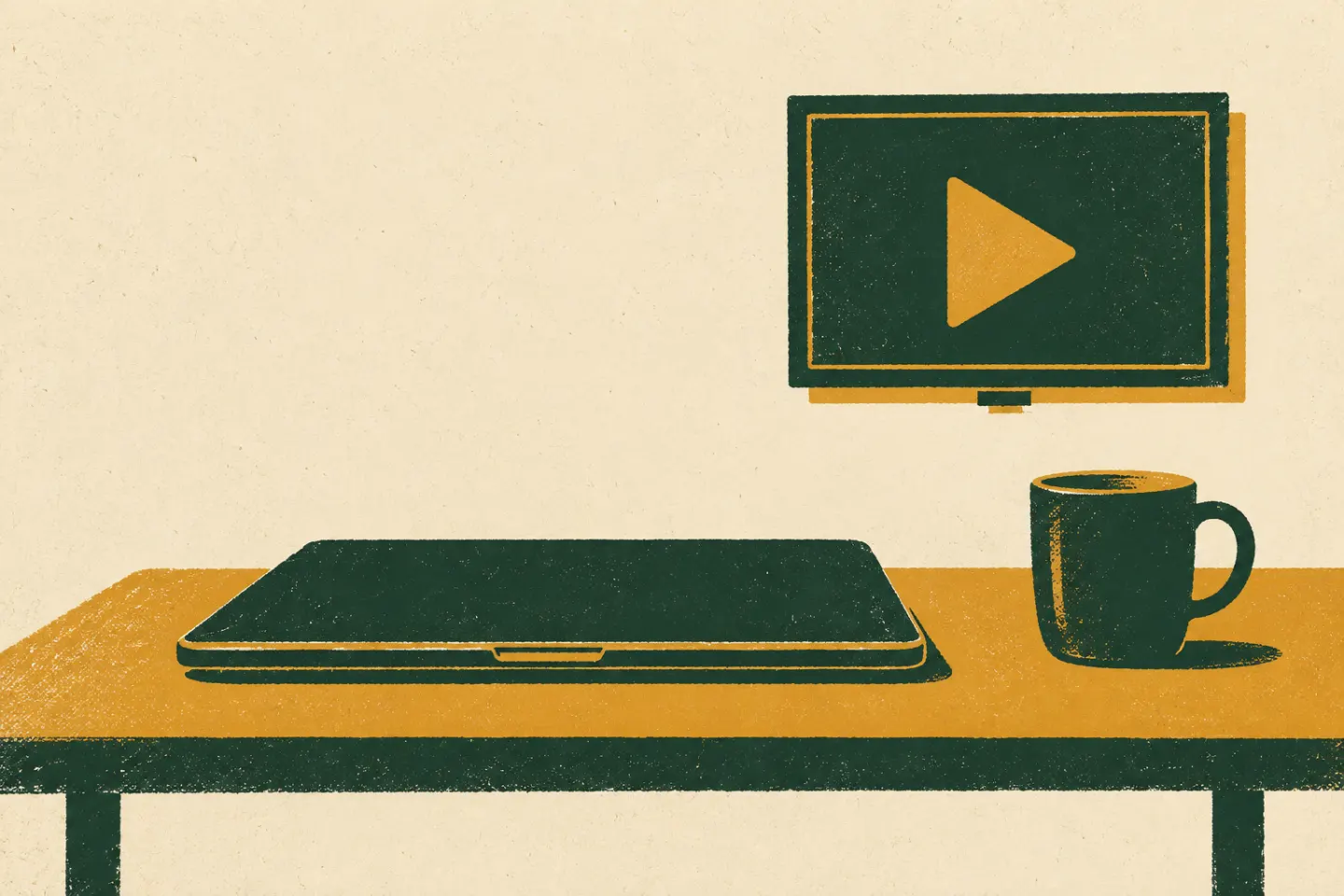 Print-style drawing of a closed laptop on a desk while a wall screen shows a play symbol