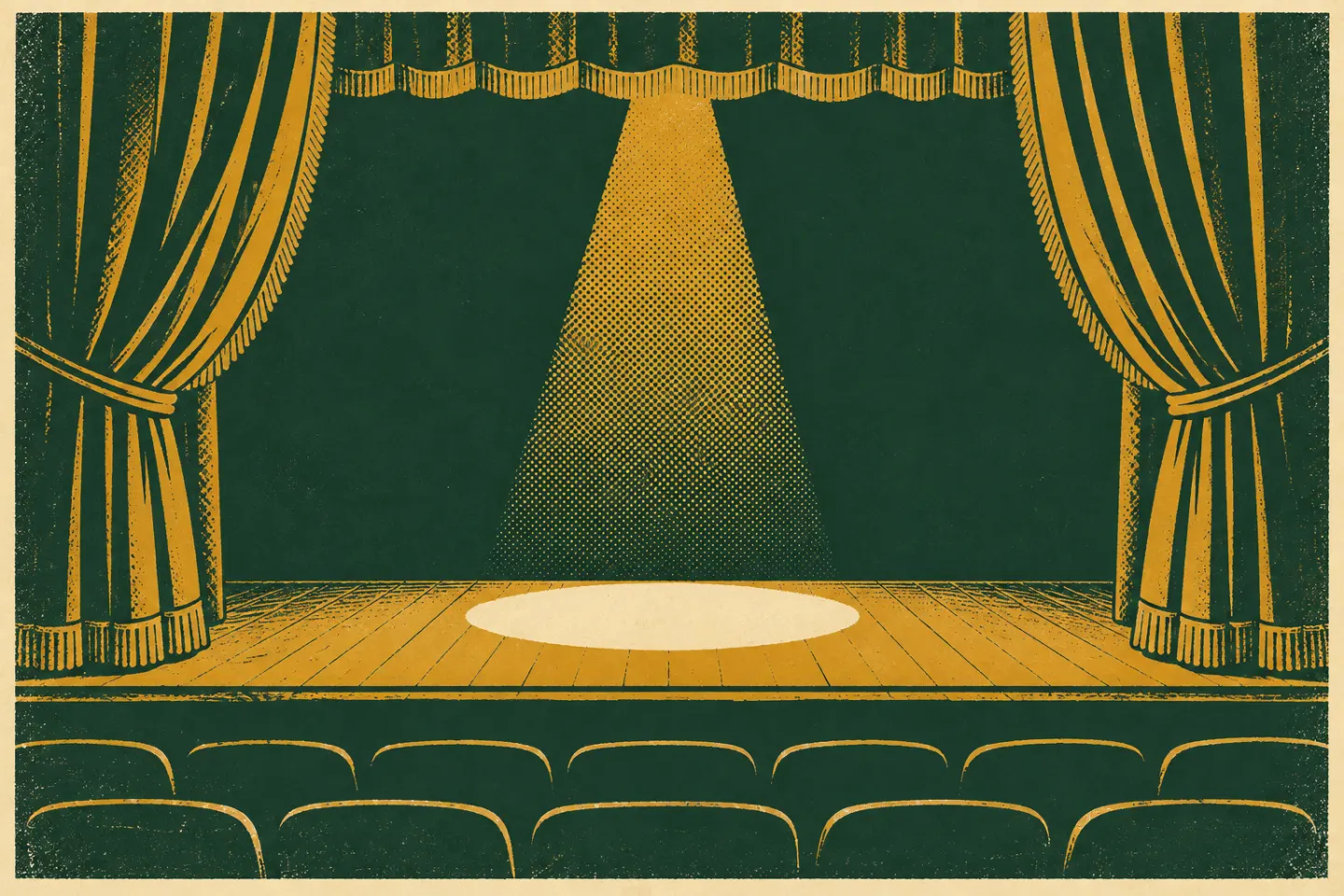 Print-style drawing of an empty theatre stage with the curtains open and one spotlight on the floor